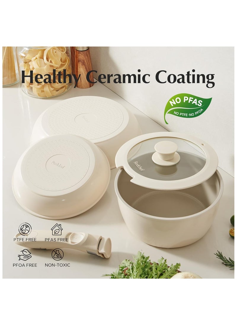 Redchef Ceramic Pots and Pans Set Non Stick, Nonstick Kitchen Cookware Sets, Non Toxic Pots and Pans Set Non Stick, PFAS PFOA & PTFE Free, Detachable Handle Pots and Pans 5 Piece, RV Cookware