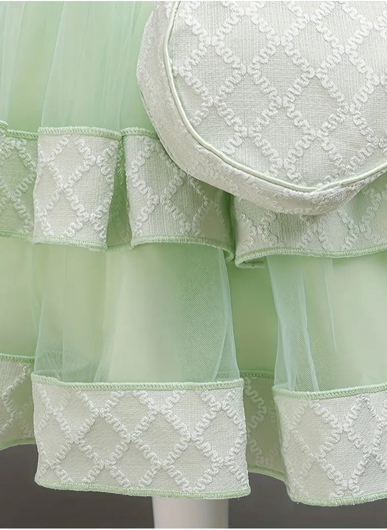 Dress Set with Contrast Mesh, Knee Length Party Princess Dress for Birthday Eid and Formal Events 65% Polyester 35% Viscose All Season Non Stretch Fabric Woven Solid Color Dresses Grass Green