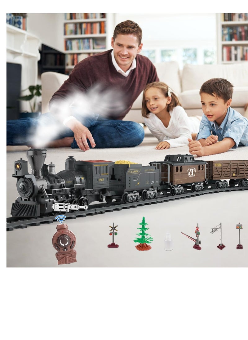 Train Set with Remote Control Retro Rail Steam Toy with Locomotive 3 Freight Trains Alloy Engine Classic Model Train Gift with Steam and Sound