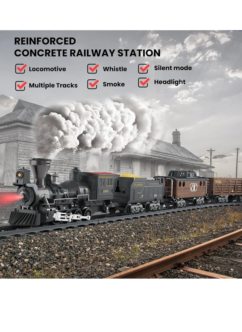 Train Set with Remote Control Retro Rail Steam Toy with Locomotive 3 Freight Trains Alloy Engine Classic Model Train Gift with Steam and Sound