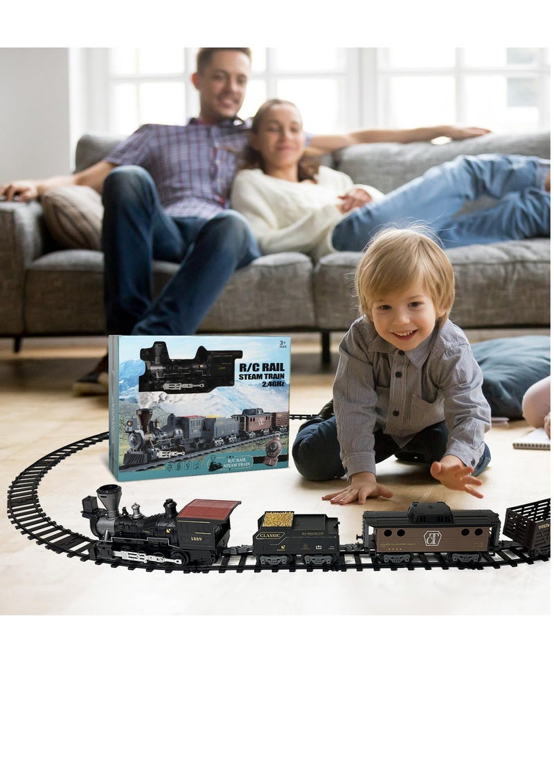 Train Set with Remote Control Retro Rail Steam Toy with Locomotive 3 Freight Trains Alloy Engine Classic Model Train Gift with Steam and Sound