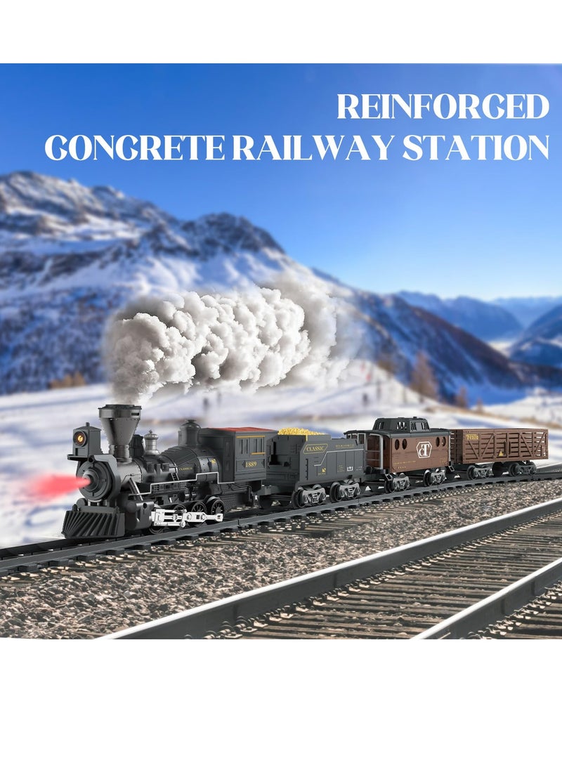 Train Set with Remote Control Retro Rail Steam Toy with Locomotive 3 Freight Trains Alloy Engine Classic Model Train Gift with Steam and Sound