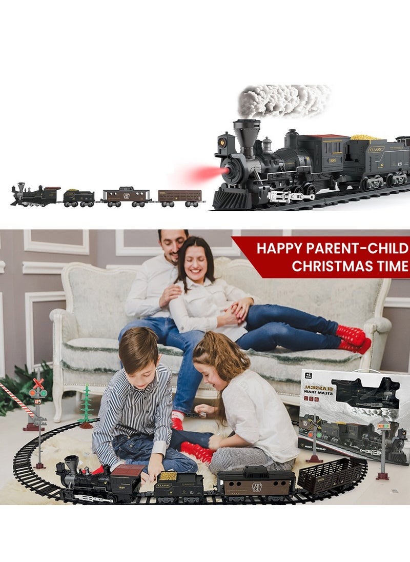 Train Set with Remote Control Retro Rail Steam Toy with Locomotive 3 Freight Trains Alloy Engine Classic Model Train Gift with Steam and Sound