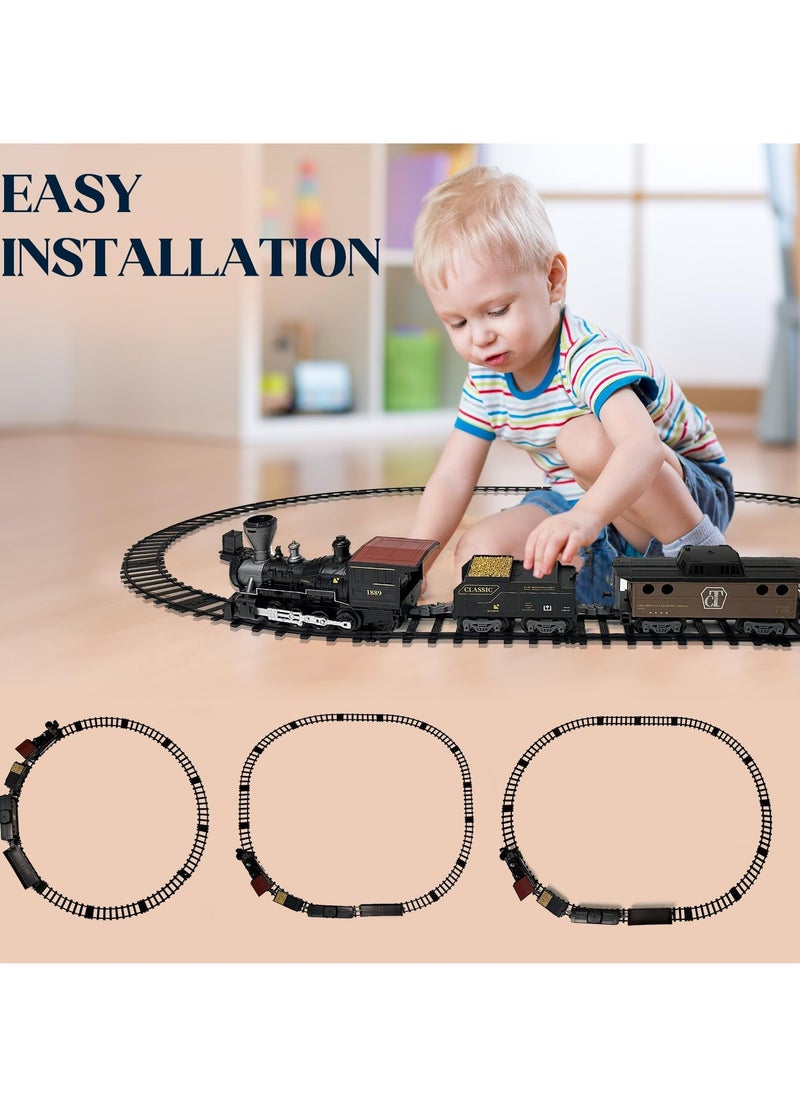Train Set with Remote Control Retro Rail Steam Toy with Locomotive 3 Freight Trains Alloy Engine Classic Model Train Gift with Steam and Sound
