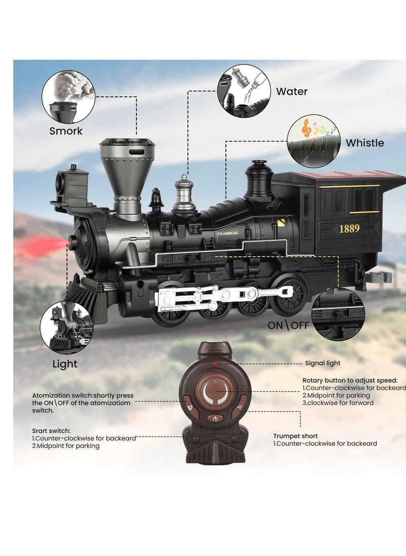 Train Set with Remote Control Retro Rail Steam Toy with Locomotive 3 Freight Trains Alloy Engine Classic Model Train Gift with Steam and Sound