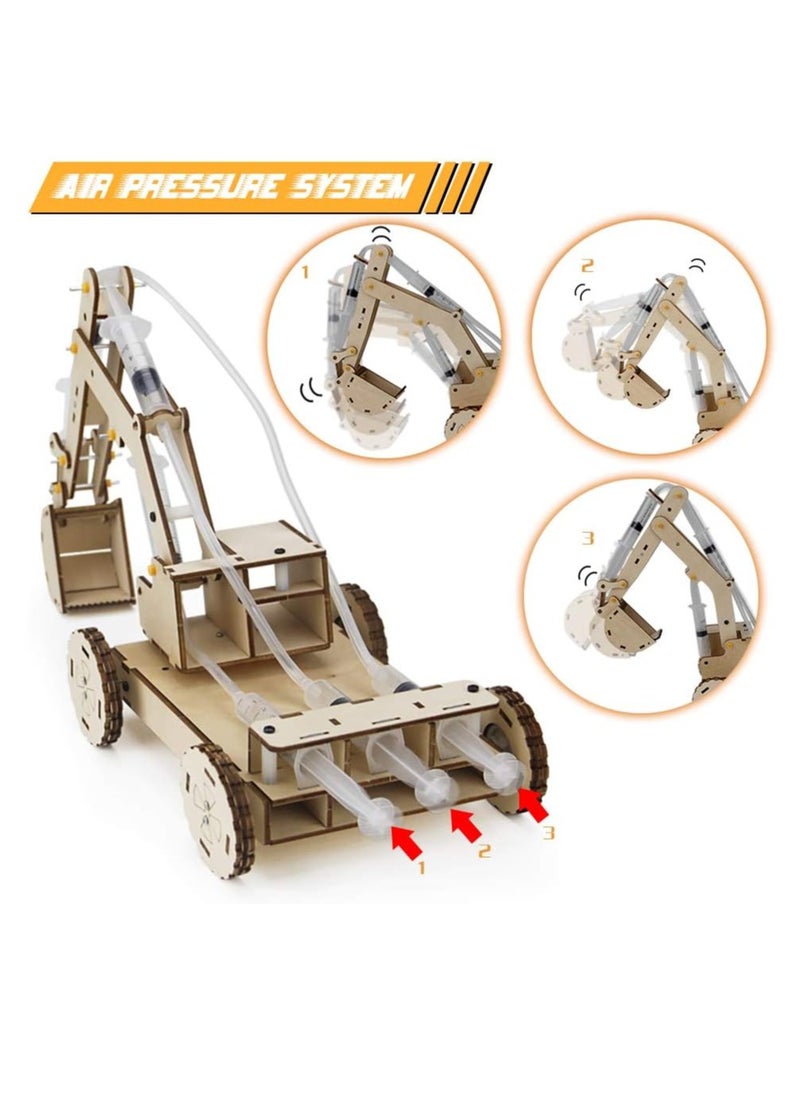 3D Wooden Excavator Vehicle Toys, Micro Building Blocks Set, STEM Science Kit with Air Pressure System to Build A Wood Excavator Model, Including 3 Replaceable Gripper & Digger, for Creative Kids