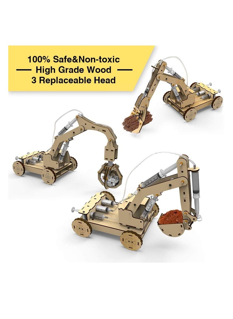 3D Wooden Excavator Vehicle Toys, Micro Building Blocks Set, STEM Science Kit with Air Pressure System to Build A Wood Excavator Model, Including 3 Replaceable Gripper & Digger, for Creative Kids