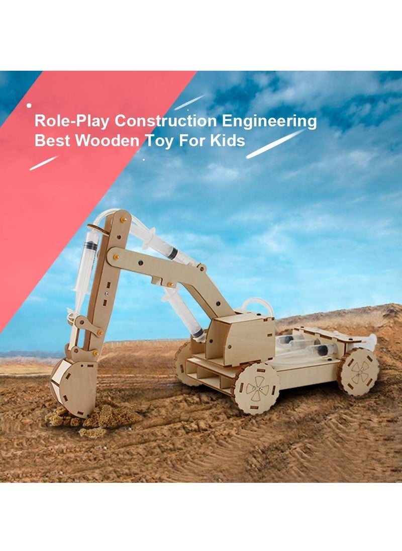 3D Wooden Excavator Vehicle Toys, Micro Building Blocks Set, STEM Science Kit with Air Pressure System to Build A Wood Excavator Model, Including 3 Replaceable Gripper & Digger, for Creative Kids