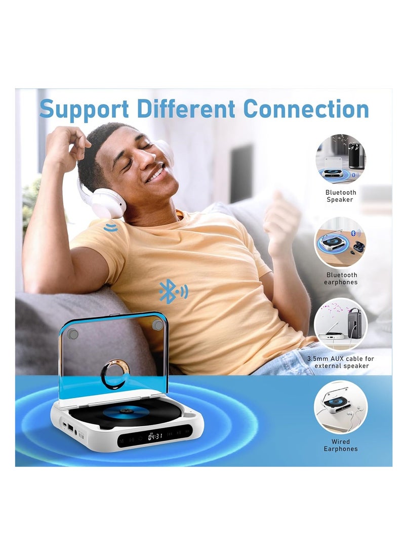 Bluetooth CD Player, Portable Rechargeable Personal CD Player for Car & Travel, with Headphones, LCD Touch Screen, Anti-Skip & Shockproof Design, White