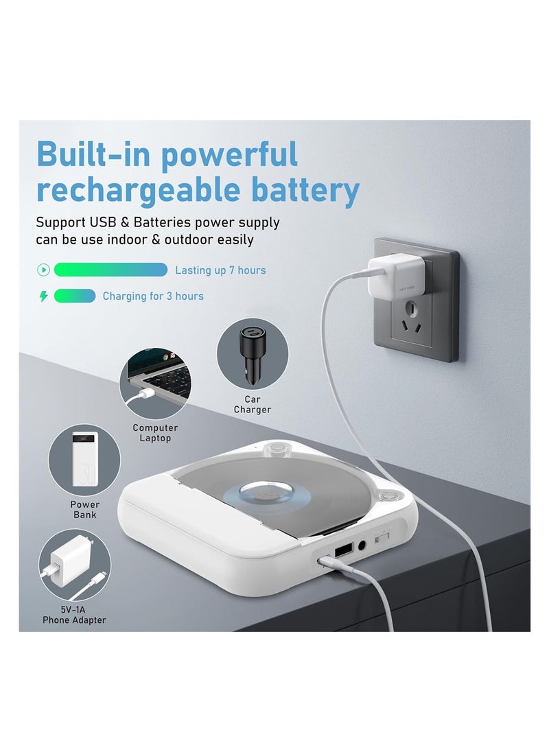 Bluetooth CD Player, Portable Rechargeable Personal CD Player for Car & Travel, with Headphones, LCD Touch Screen, Anti-Skip & Shockproof Design, White