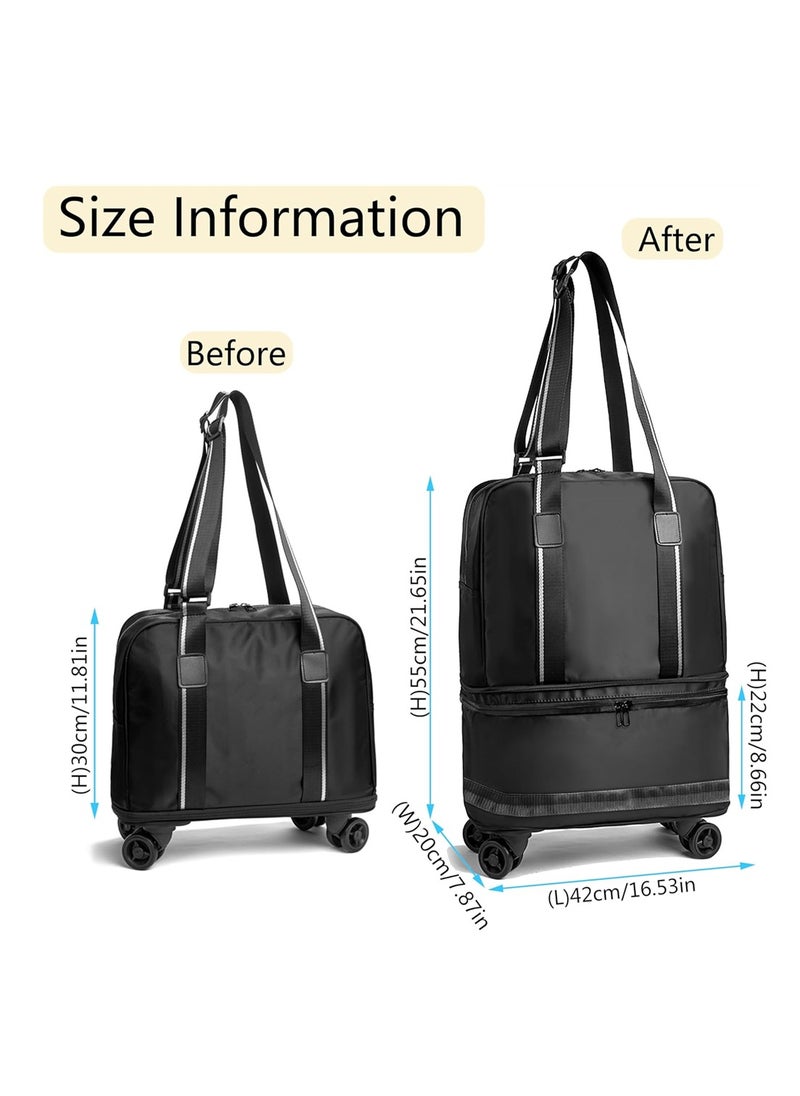 Travel Duffel Bag, Universal Wheel Suitcase, Foldable Luggage with Shoes Compartment, Black, Large Size