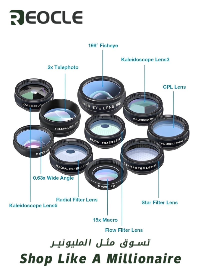 Pro Lens Kit Phone Camera Lens Kit 10 in 1 Lenses for iPhone and Android Universal Clip on Wide Angle Macro  Fisheye Camera Lenses