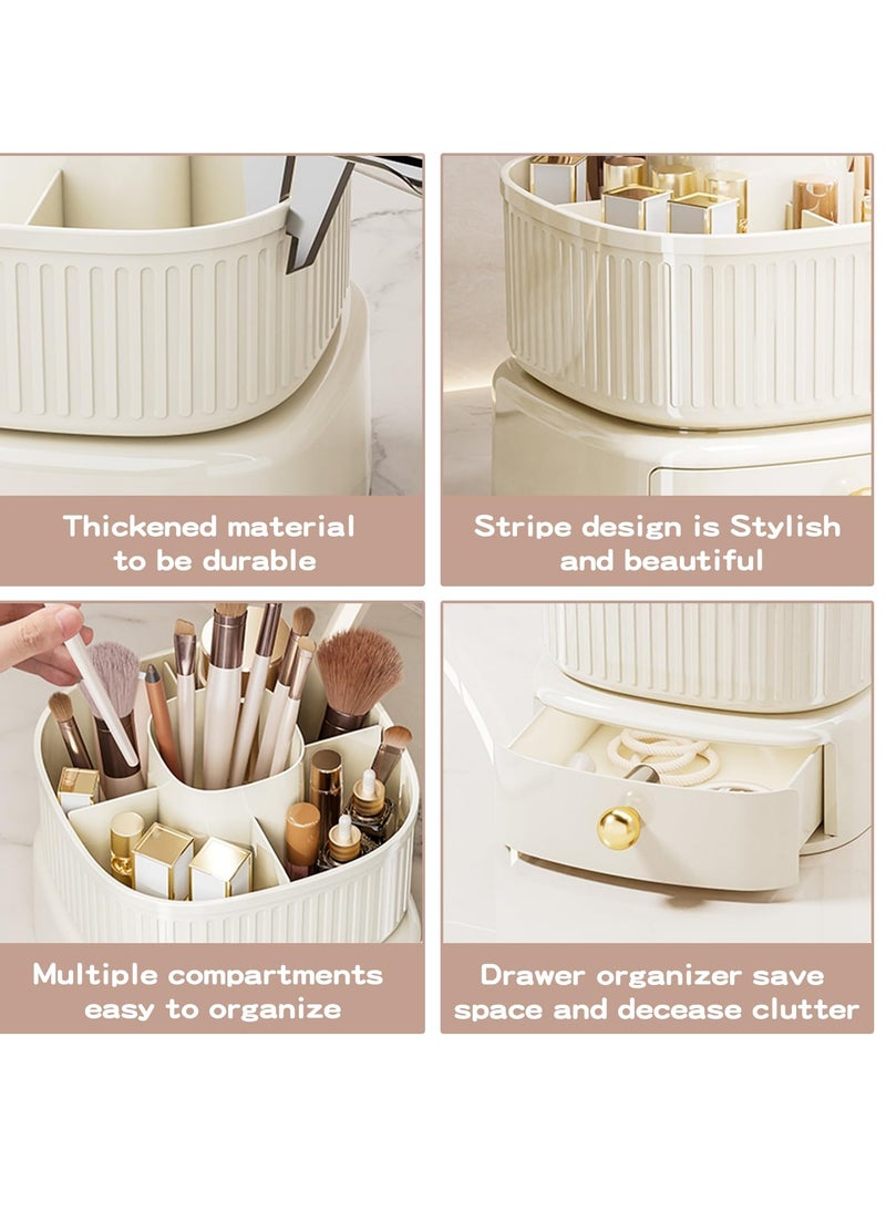 360° Rotating Makeup Brush Holder Organizer with Drawer, Cosmetic Makeup Organizer for Countertop, Vanity, Desktop, Bathroom, Makeup and Skincare Storage (Ivory)