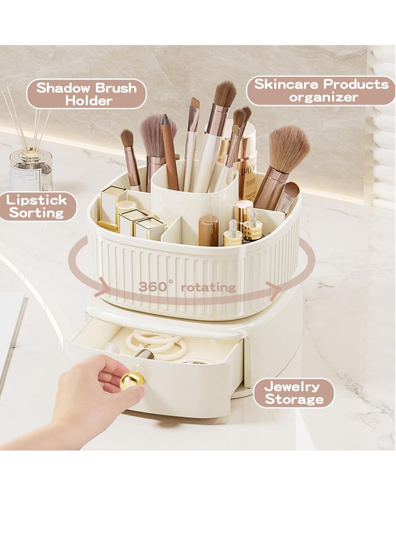 360° Rotating Makeup Brush Holder Organizer with Drawer, Cosmetic Makeup Organizer for Countertop, Vanity, Desktop, Bathroom, Makeup and Skincare Storage (Ivory)
