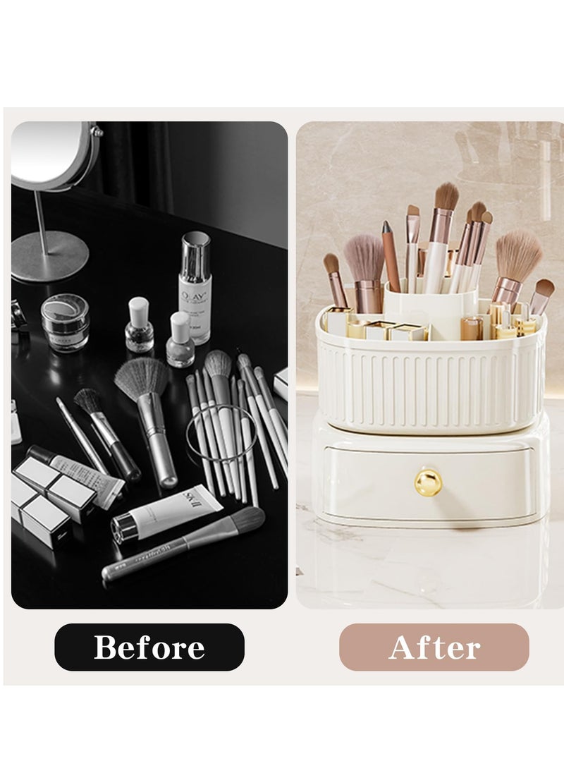 360° Rotating Makeup Brush Holder Organizer with Drawer, Cosmetic Makeup Organizer for Countertop, Vanity, Desktop, Bathroom, Makeup and Skincare Storage (Ivory)