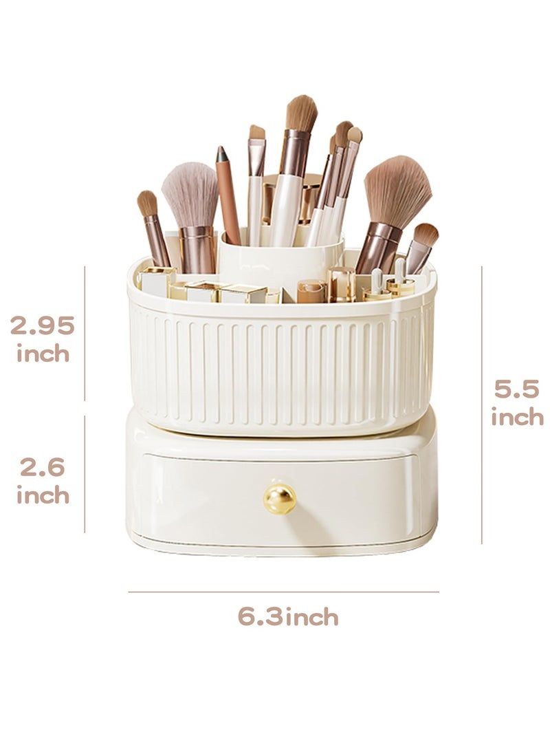 360° Rotating Makeup Brush Holder Organizer with Drawer, Cosmetic Makeup Organizer for Countertop, Vanity, Desktop, Bathroom, Makeup and Skincare Storage (Ivory)