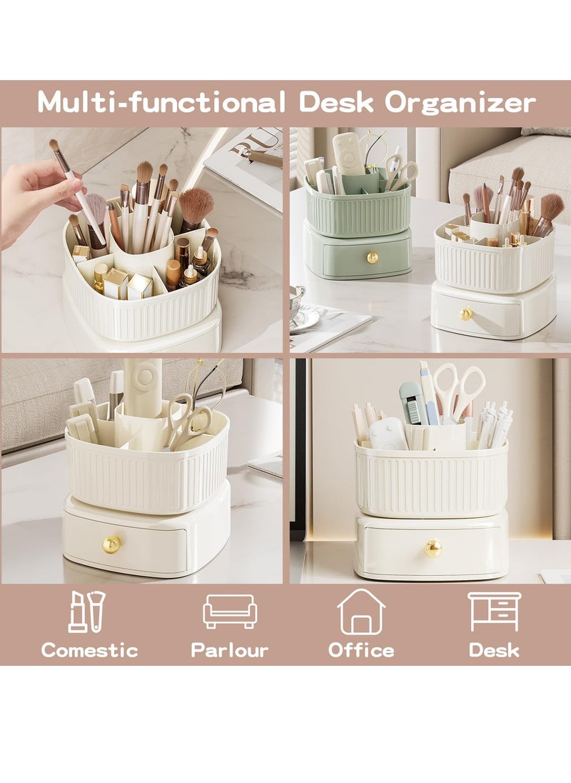 360° Rotating Makeup Brush Holder Organizer with Drawer, Cosmetic Makeup Organizer for Countertop, Vanity, Desktop, Bathroom, Makeup and Skincare Storage (Ivory)