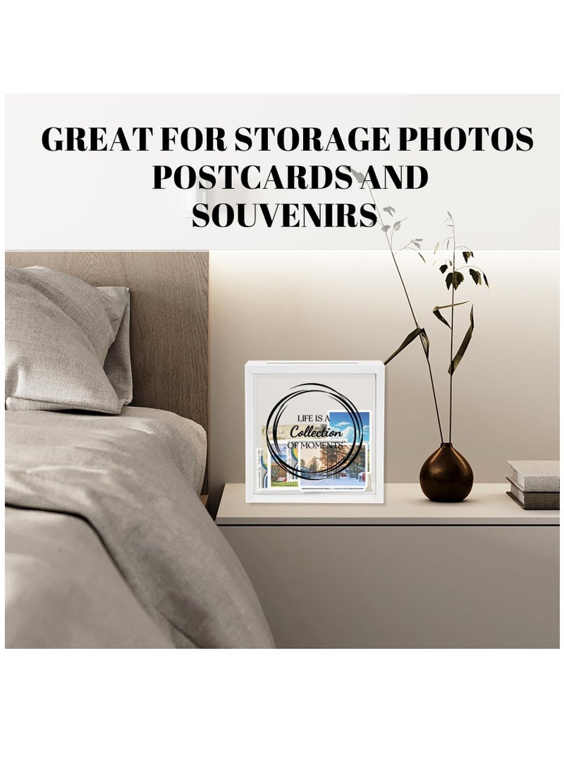 8X8 Shadow Box Frame, Wood Photo Storage Box in White, Keepsake Ticket Box with Slot, Memory Display Case for Desk Wall Decor, White