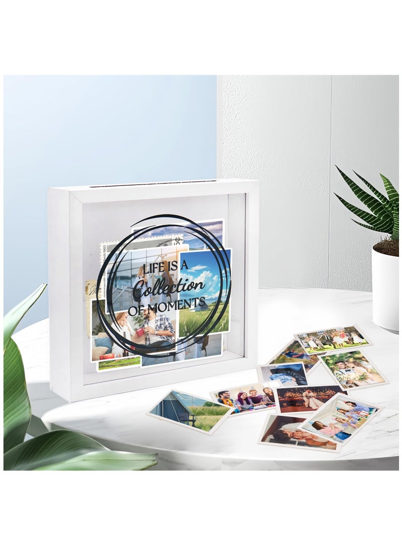 8X8 Shadow Box Frame, Wood Photo Storage Box in White, Keepsake Ticket Box with Slot, Memory Display Case for Desk Wall Decor, White