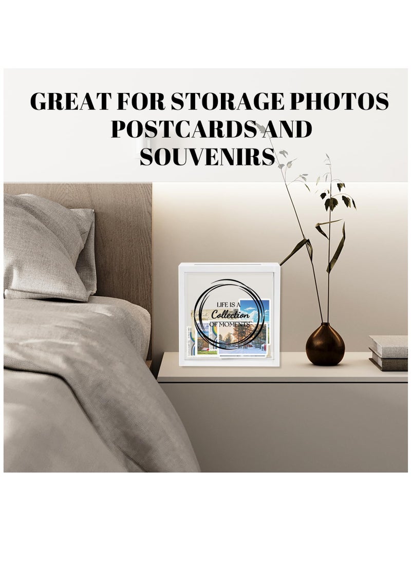 8X8 Shadow Box Frame, Wood Photo Storage Box in White, Keepsake Ticket Box with Slot, Memory Display Case for Desk Wall Decor, White