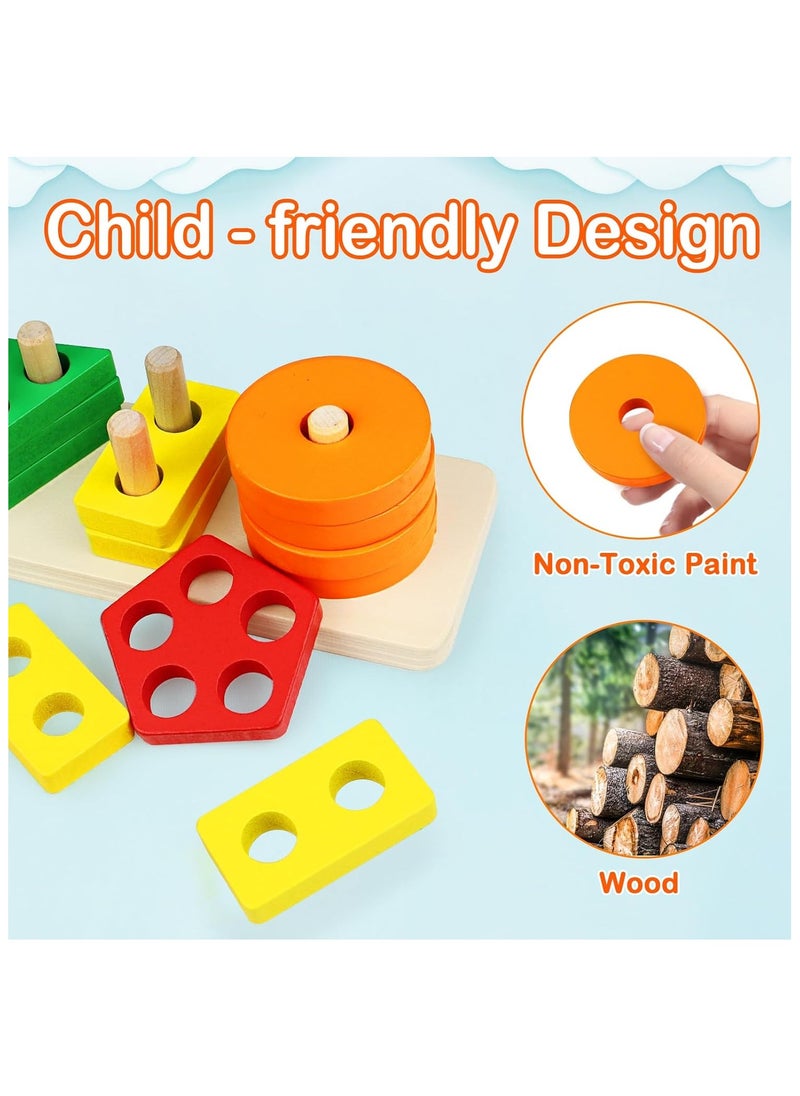 Montessori Toys for 1 to 3-Year-Old Boys Girls Toddlers, Wooden Sorting & Stacking Toys for Toddlers and Kids Preschool, Educational Toys, Color Recognition Shape Sorter, Learning Puzzles Gift