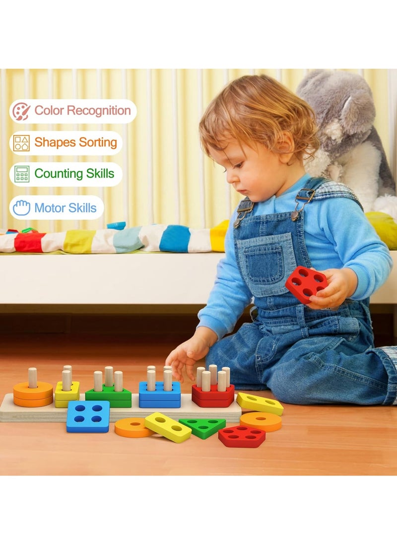Montessori Toys for 1 to 3-Year-Old Boys Girls Toddlers, Wooden Sorting & Stacking Toys for Toddlers and Kids Preschool, Educational Toys, Color Recognition Shape Sorter, Learning Puzzles Gift