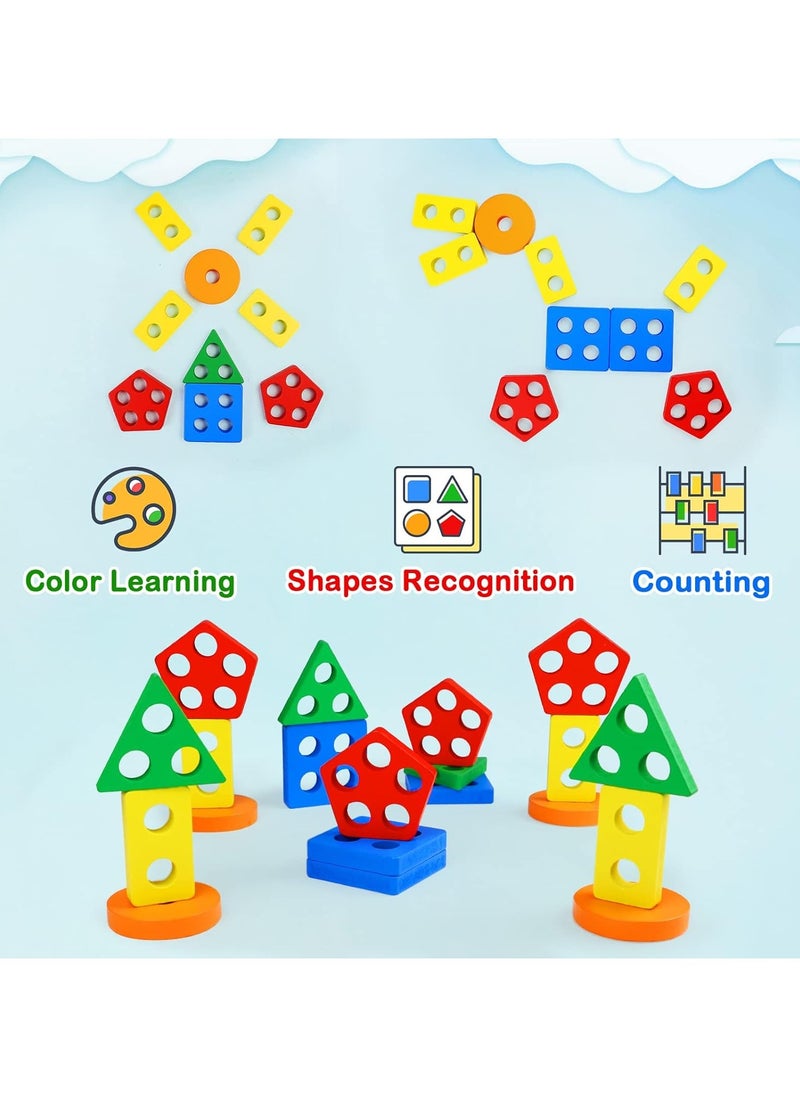 Montessori Toys for 1 to 3-Year-Old Boys Girls Toddlers, Wooden Sorting & Stacking Toys for Toddlers and Kids Preschool, Educational Toys, Color Recognition Shape Sorter, Learning Puzzles Gift