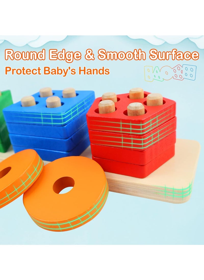 Montessori Toys for 1 to 3-Year-Old Boys Girls Toddlers, Wooden Sorting & Stacking Toys for Toddlers and Kids Preschool, Educational Toys, Color Recognition Shape Sorter, Learning Puzzles Gift