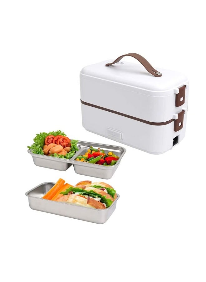 White 800ml 2-Layer Portable Electric Food Heater Lunch Box, Mini Removable 304 Stainless Steel 220v Food Heater