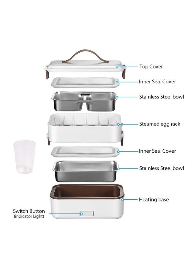 White 800ml 2-Layer Portable Electric Food Heater Lunch Box, Mini Removable 304 Stainless Steel 220v Food Heater