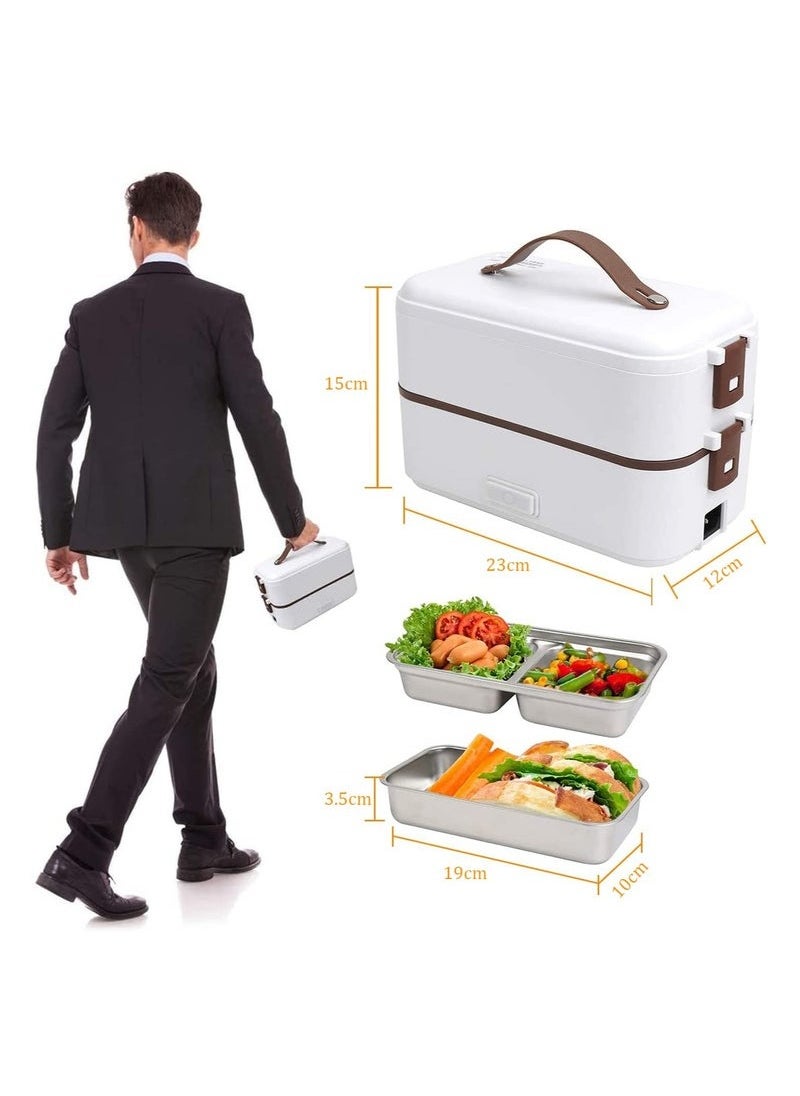 White 800ml 2-Layer Portable Electric Food Heater Lunch Box, Mini Removable 304 Stainless Steel 220v Food Heater