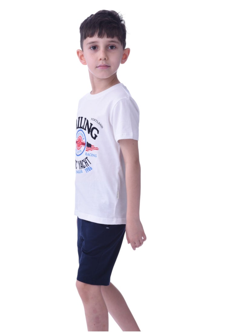 Kids Boys 2 piece Set - T-Shirts & Shorts -White and Blue (100% Cotton)