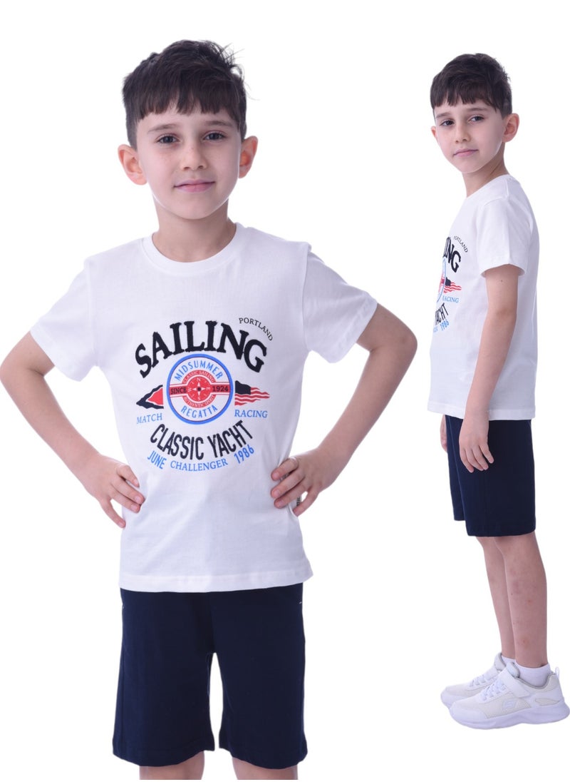 Kids Boys 2 piece Set - T-Shirts & Shorts -White and Blue (100% Cotton)