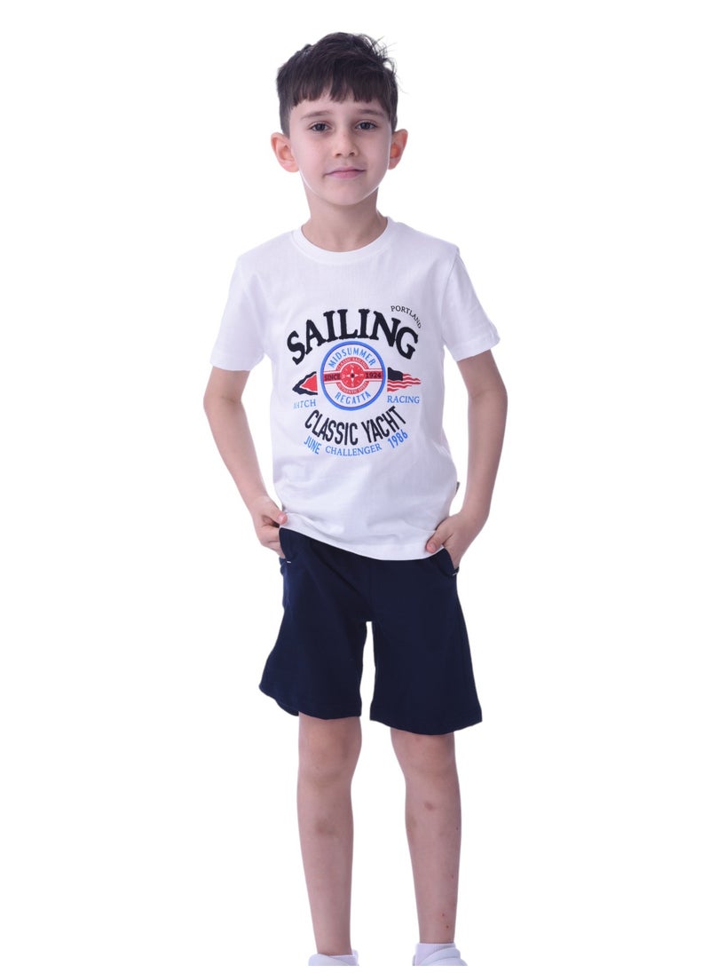 Kids Boys 2 piece Set - T-Shirts & Shorts -White and Blue (100% Cotton)