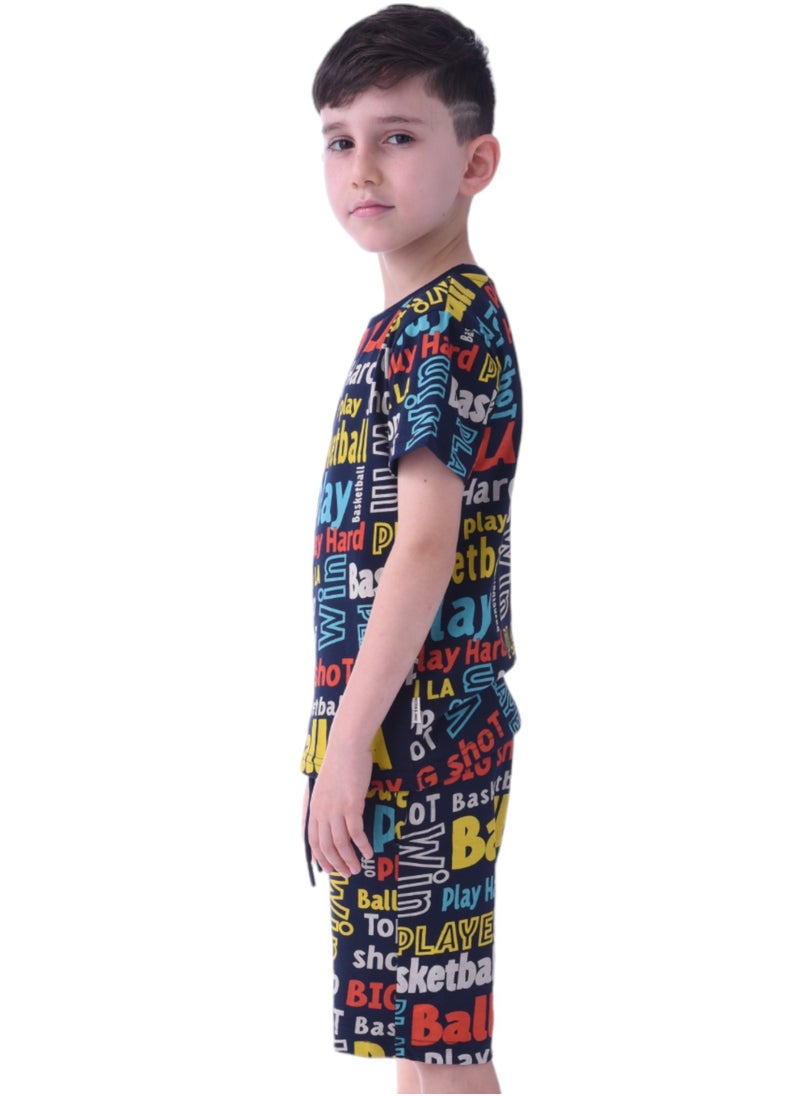Kids Boys 2 piece Set - T-Shirts & Shorts - AOP set-Navy Blue (100% Cotton)