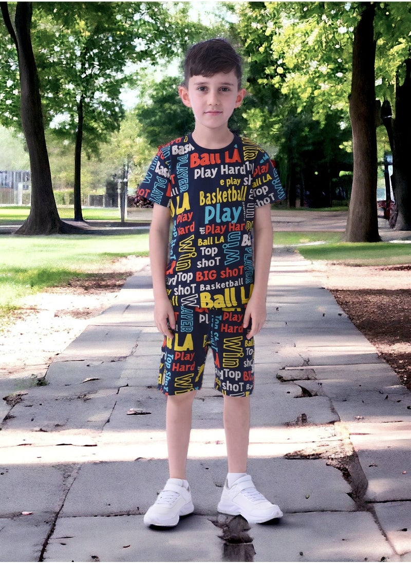 Kids Boys 2 piece Set - T-Shirts & Shorts - AOP set-Navy Blue (100% Cotton)