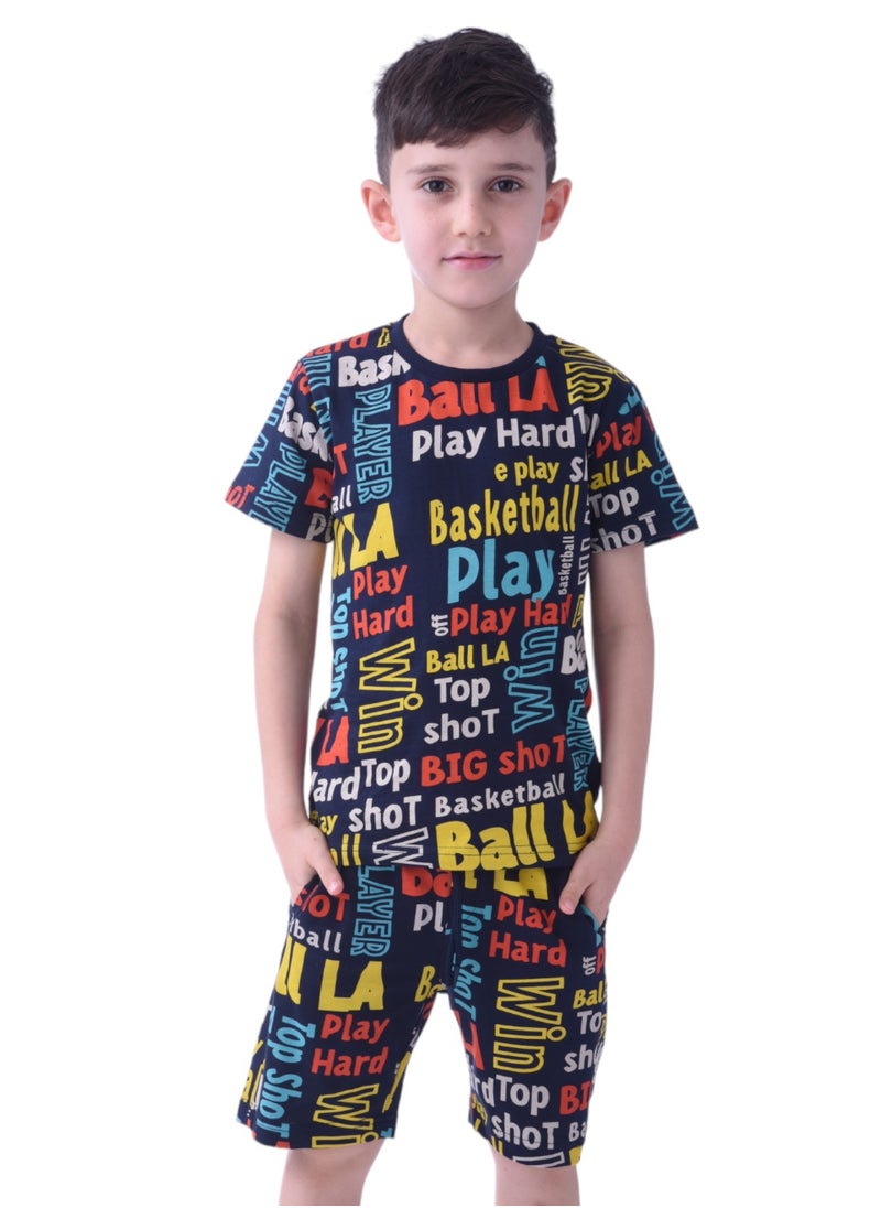 Kids Boys 2 piece Set - T-Shirts & Shorts - AOP set-Navy Blue (100% Cotton)