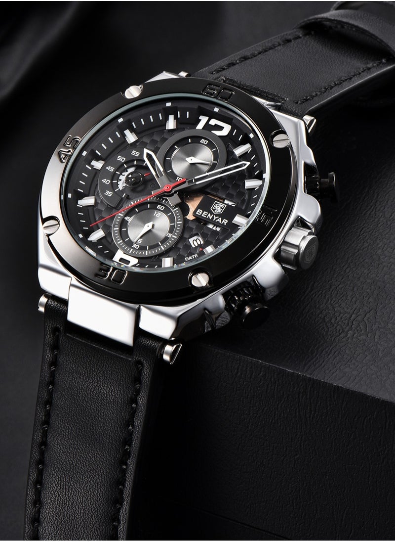 New Quartz Men's Watches, Leather Strap, 45MM Stainless Steel Frame, Waterproof, Fashion And Business All-Match, BY 5151