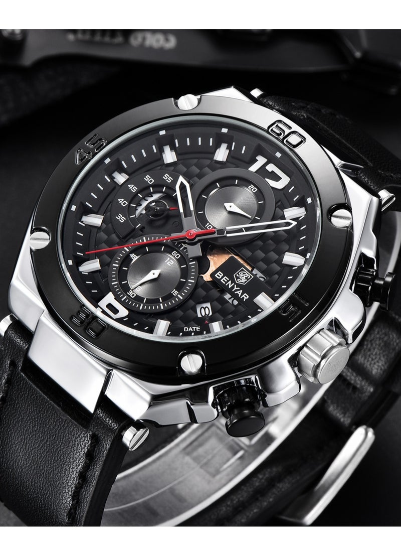 New Quartz Men's Watches, Leather Strap, 45MM Stainless Steel Frame, Waterproof, Fashion And Business All-Match, BY 5151