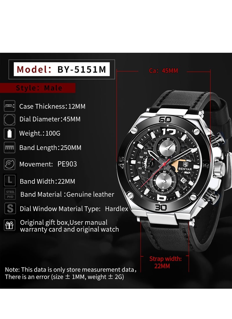 New Quartz Men's Watches, Leather Strap, 45MM Stainless Steel Frame, Waterproof, Fashion And Business All-Match, BY 5151