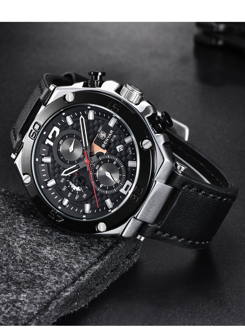 New Quartz Men's Watches, Leather Strap, 45MM Stainless Steel Frame, Waterproof, Fashion And Business All-Match, BY 5151