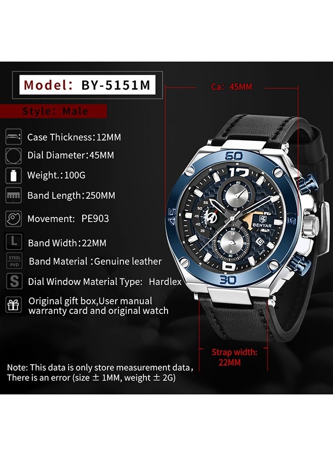 Wrist Watches for Men Quartz Movement Leather Strap Analog Chronograph Fashion Business Sport Design Mens Watch 30M Waterproof Stylish Elegant Gifts for Men