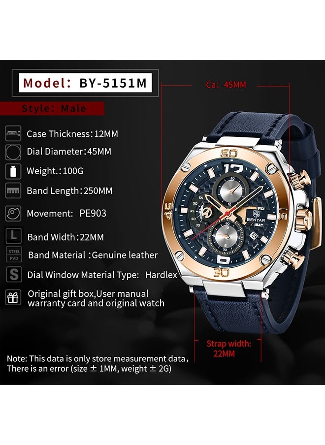 Wrist Watches for Men Quartz Movement Leather Strap Analog Chronograph Fashion Business Sport Design Mens Watch 30M Waterproof Stylish Elegant Gifts for Men