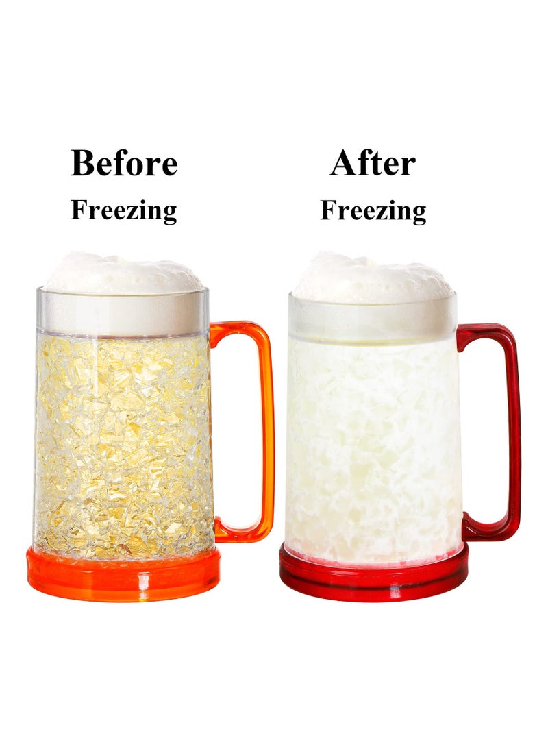 Freezer Beer Mugs, Beer Keep Your Drinks Cold, 4 Pack Double Wall Gel Frosty Freezer Ice Mugs, Plastic Beer Mugs With Handles for Parties and Gifts, 16oz (Blue, Red, Orange and Green)