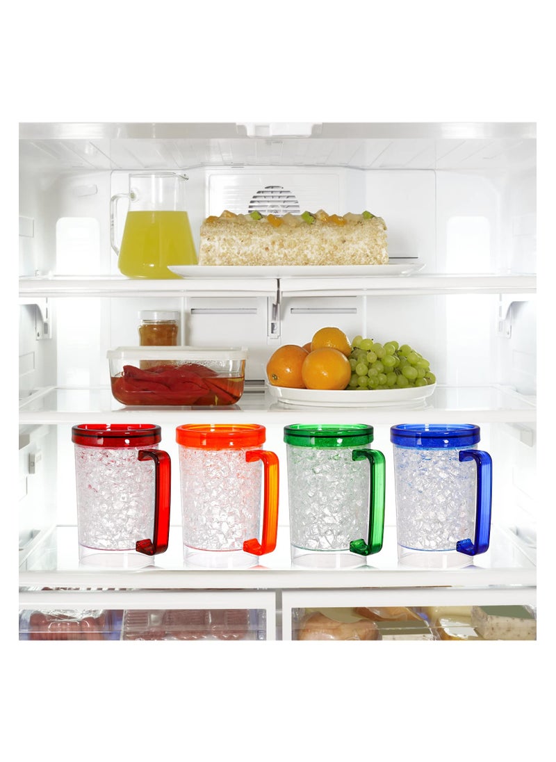 Freezer Beer Mugs, Beer Keep Your Drinks Cold, 4 Pack Double Wall Gel Frosty Freezer Ice Mugs, Plastic Beer Mugs With Handles for Parties and Gifts, 16oz (Blue, Red, Orange and Green)