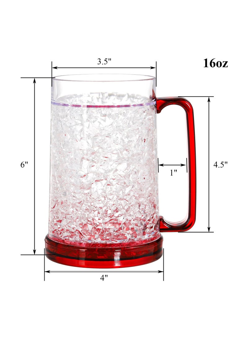 Freezer Beer Mugs, Beer Keep Your Drinks Cold, 4 Pack Double Wall Gel Frosty Freezer Ice Mugs, Plastic Beer Mugs With Handles for Parties and Gifts, 16oz (Blue, Red, Orange and Green)