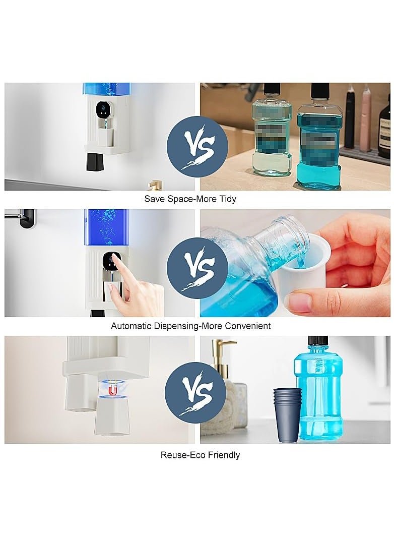 Automatic Mouthwash Dispenser for Bathroom, 700mL(23.67 Oz) Wall Mounted Mouth Wash Dispenser with Magnetic Cups, Rechargable and 2 Dispensing Levels Mouth Pumb Dispenser for All Age Groups (White)