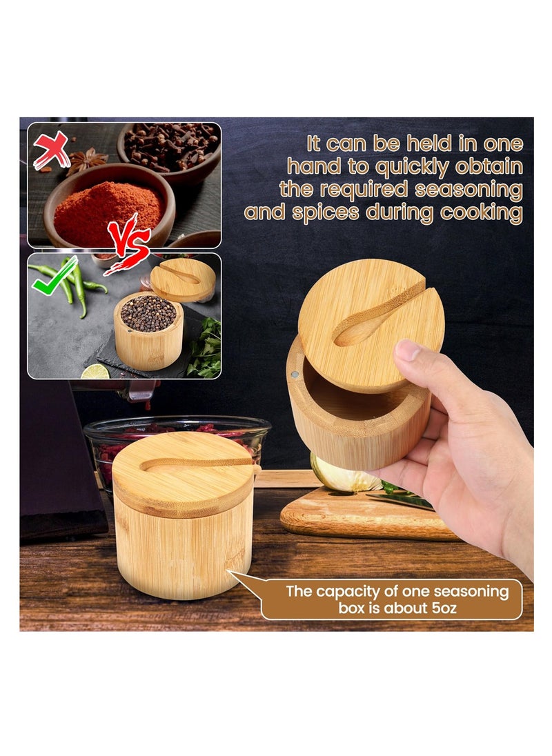 Bamboo Salt Bowls, Salt and Pepper Box with Magnetic Swivel Lid and Spoon, Seasoning Container for Salt, Pepper, Spice, and Sugar, 2PCS
