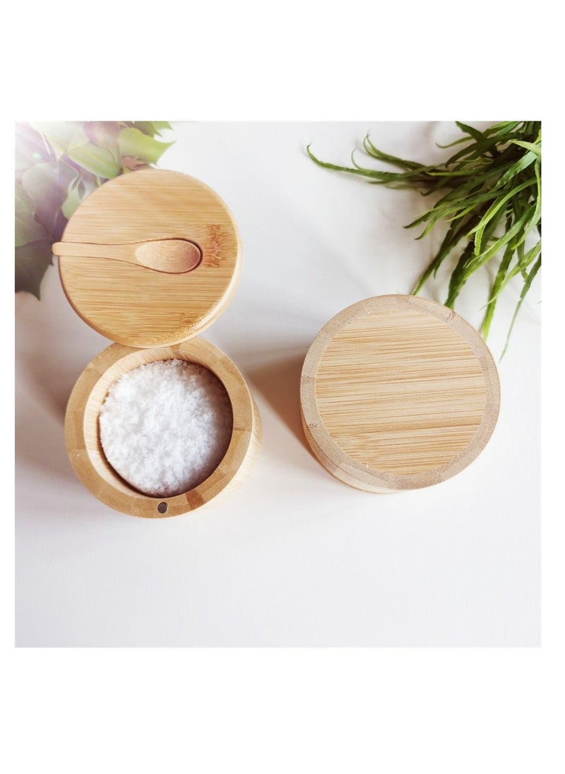 Bamboo Salt Bowls, Salt and Pepper Box with Magnetic Swivel Lid and Spoon, Seasoning Container for Salt, Pepper, Spice, and Sugar, 2PCS