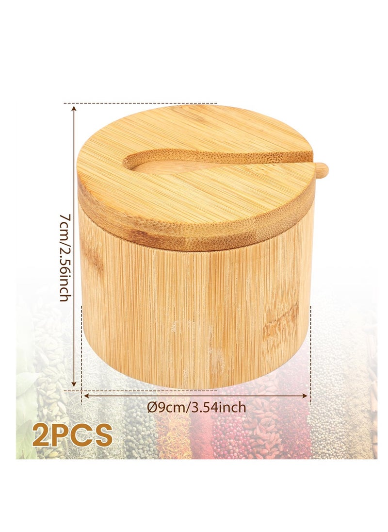 Bamboo Salt Bowls, Salt and Pepper Box with Magnetic Swivel Lid and Spoon, Seasoning Container for Salt, Pepper, Spice, and Sugar, 2PCS